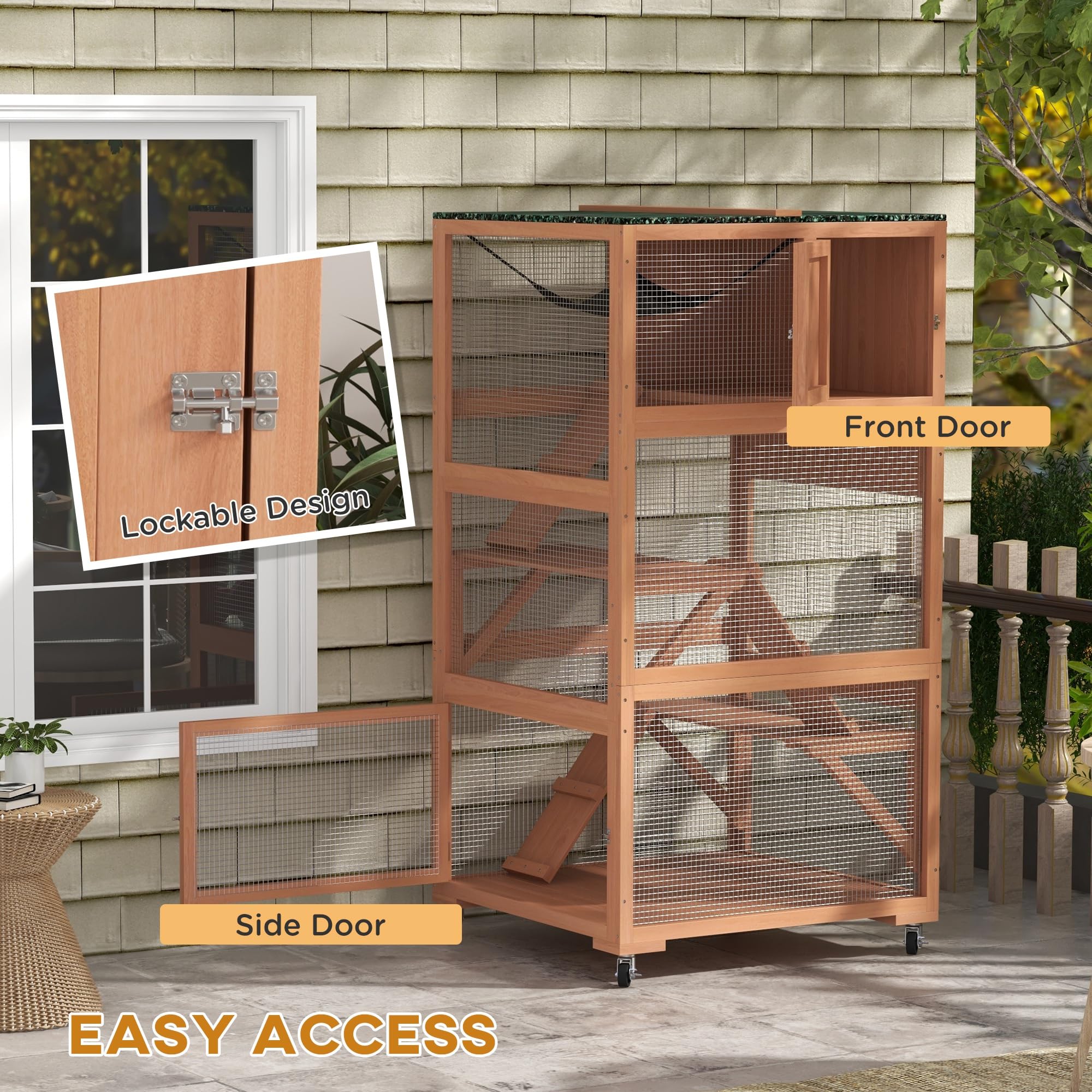 Pawhut 2 Piece Catio, Outdoor Cat Enclosure House, Wooden Feral Cat Shelter On Wheels, Cat Cage With Hammocks, Platforms Ramps,